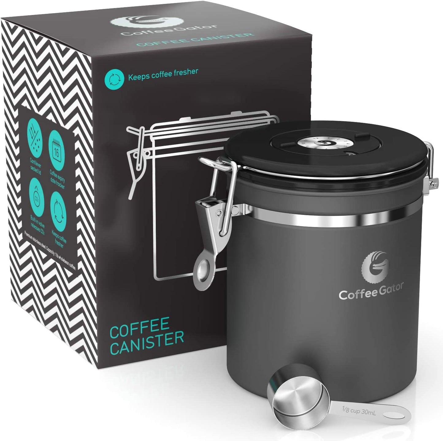 Coffee Canister – 6” Stainless Steel Airtight Coffee Containers for Ground Coffee W/ Date Tracker, Co2-Release Valve, Measuring Scoop & Travel Jar - Medium, Gray